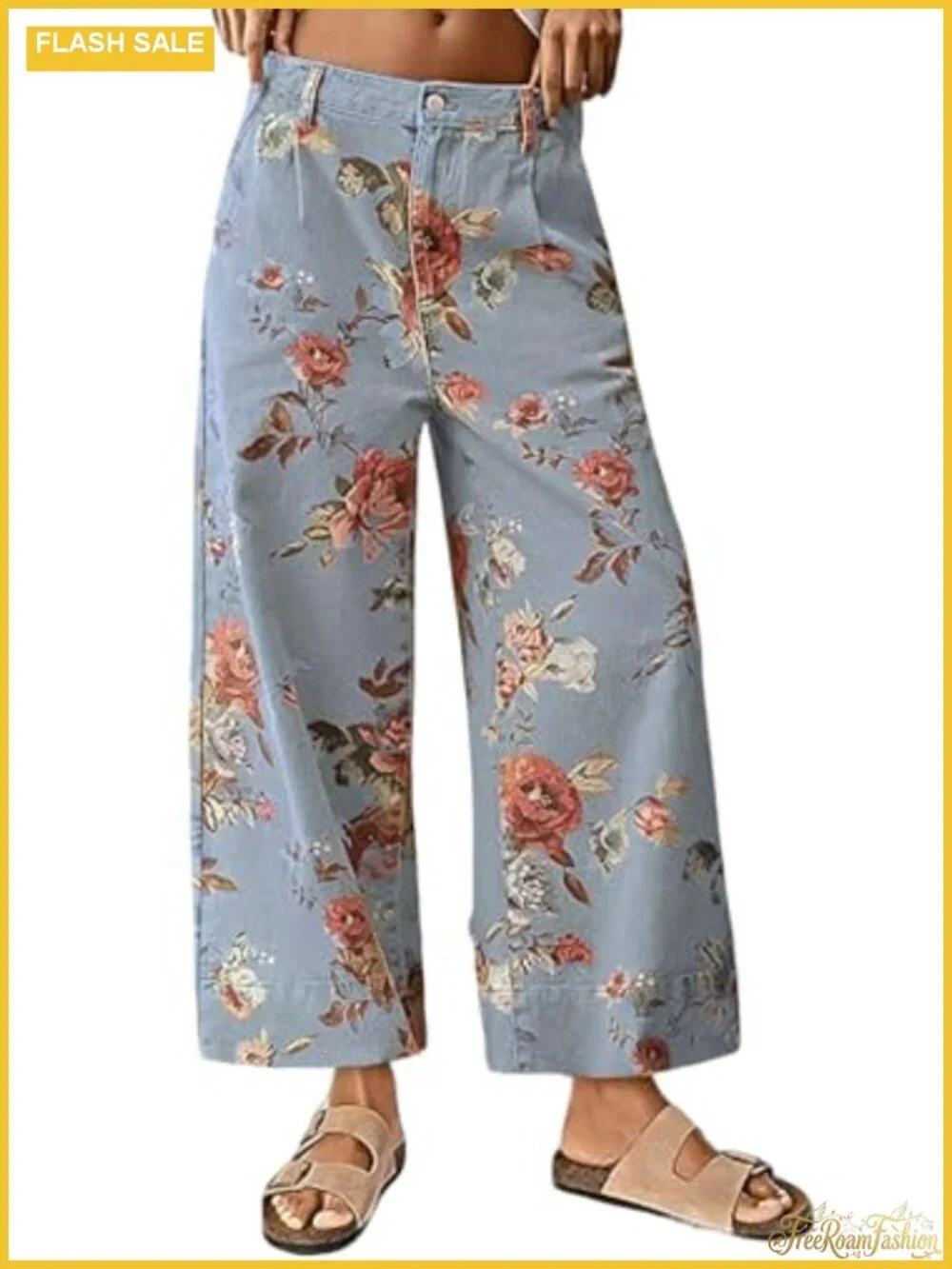 Wide Leg Cropped Floral Denim Jeans Boho Palazzo Pants